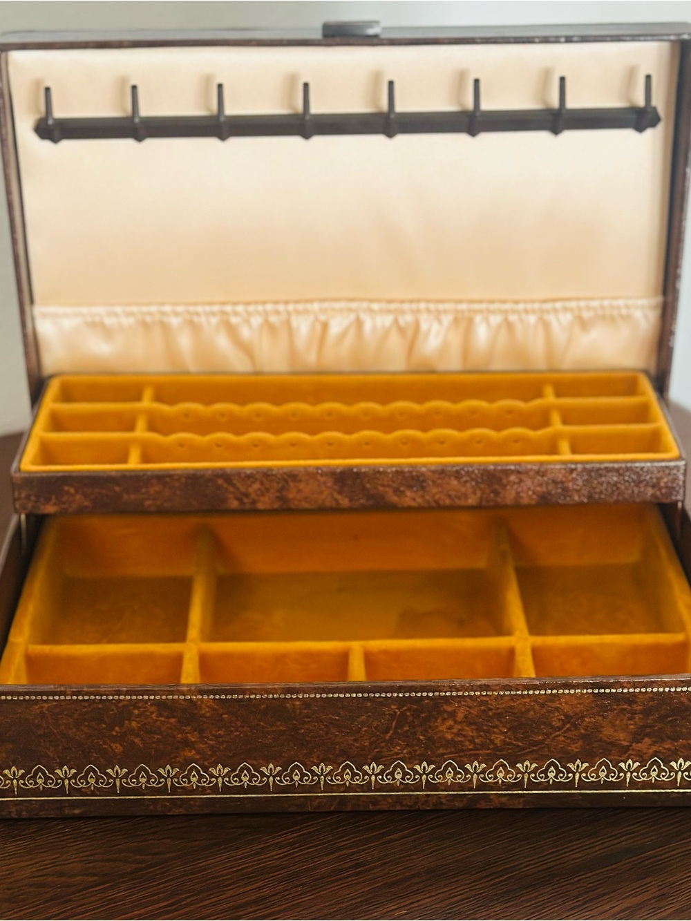 Velvet-Lined Brown Jewelry Organizer Box with Yellow Interior MCM Vintage